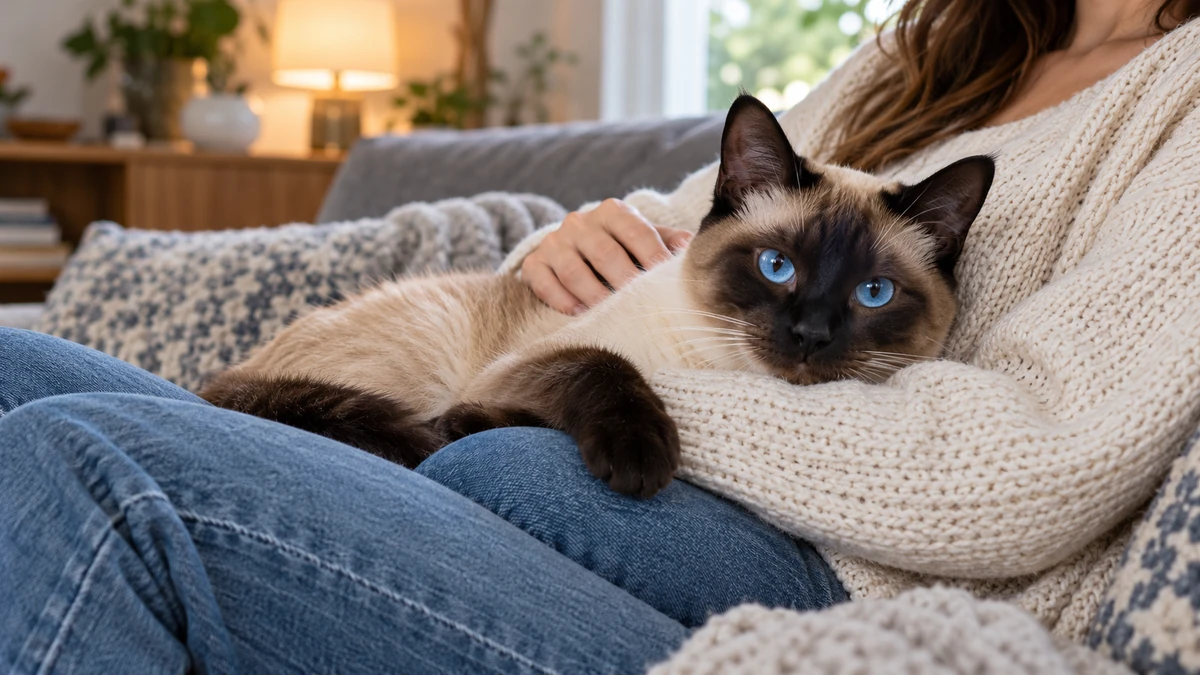 Siyam Kedisi kedi — sahibinin kucağında