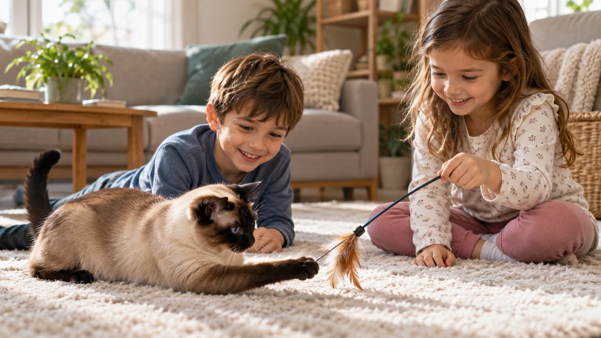 Siyam Kedisi kedi — çocuklarla oyun